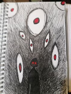 a drawing of a cat with red eyes and an evil look on its face is shown