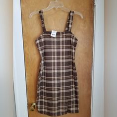 Just Polly, Medium, Brown Plaid, Nwt Brown Cotton Lined Dress, Fitted Brown Cotton Sundress, Fitted Brown Cotton Mini Dress, Brown Cotton Sundress, Polly Dress, Suspender Dress, Brown Plaid, Medium Brown, Womens Plaid