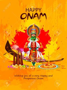 happy onam greeting card with hindu god in yellow background stock photo and royalty illustration