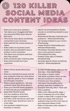 a pink poster with the words'120 killer social media content ideas '