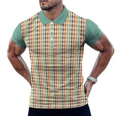 Polo Shirt Men, Retro Shirt Men, 60s style top, Men's polo, Multicolor Polo, Men's Stripe Shirt,Polo Top Men,Vintage Style Shirt, Mint Green Designed in California, Handmade to order from overseas I designed this for those who loves polo shirts with a vintage 60s style shirt vibe. It's got a blusih green sleeves and collar. Multicolor wavy stripe pattern print. Front button enclosure. Short sleeves. Great for any special occasion whether you're out with friends or attending a party. Great with d Retro Polo Collar T-shirt For Summer, Retro Cotton Polo Shirt With Johnny Collar, Retro Summer Polo Shirt With Polo Collar, Retro Fitted Collared Polo Shirt, Fitted Retro Collared Polo Shirt, Retro Fitted Polo Shirt, Vintage Fitted Cotton Polo Shirt, Retro Multicolor Collared T-shirt, Vintage Green Collared T-shirt