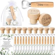 wedding favors and wine bottle stoppers are shown in this image with the names on them