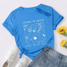 Summer Women T Shirt Versatile 100% Cotton Universe Space Stars Print Short Sleeve Oversized Tshirts Casual Graphic Tee Tops Cotton T-shirt With Star Print For Summer, Summer Crew Neck T-shirt With Star Print, Trendy Blue Star Print Top, Trendy Blue Top With Star Print, Trendy Relaxed Fit T-shirt With Star Print, Summer Crew Neck Top With Star Print, Blue Star Print Graphic Tee, Blue Graphic Tee With Star Print, Blue Star Print Top With Relaxed Fit