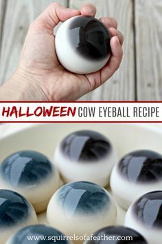 halloween cow eyeball recipe in a white bowl with black and white balls on top