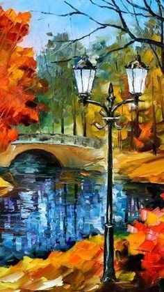 an oil painting of a street light and bridge over a river with fall leaves on the ground