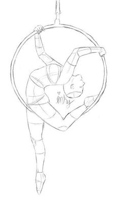 a drawing of a woman doing aerial acrobatics on a hoop with her hands in the air