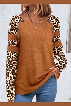 ROTITA Patchwork Leopard Dark Camel Round Neck T Shirt Raglan Sleeve Top, Long Tunic Tops, Long Sleeve Tops Casual, Tees For Women, Long Sleeve Tunic, Plus Size Casual, Long Sleeve Knit, Plus Size Tops, Casual T Shirts