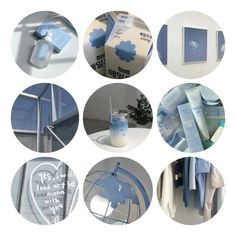 several different pictures of various items in blue and white