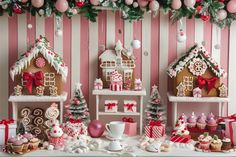 a table topped with gingerbread houses and other christmas decorations in front of pink striped walls