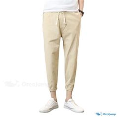 OrcaJump - Loose-Fit Cotton Linen Cropped Pants for Casual Wear in Solid Colors Non-stretch Cotton Casual Chinos, Casual Non-stretch Cotton Chinos, Casual Stretch Chinos For Summer, Casual Beige Cotton Joggers, Beige Stretch Cotton Harem Pants, Casual Cotton Summer Joggers, Casual Stretch Beige Harem Pants, Beige Stretch Casual Harem Pants, Casual Summer Cotton Joggers