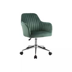 an office chair with wheels and green velvet upholstered on the back, viewed from the front