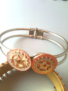 This steel tone bracelet features textured copper disks and silver gears riveted to it.  The bracelet is about 7in. around and has a hinge for easy on and off.  Thank you for shopping! Steampunk Bracelet, Steampunk Gears, Clock Movements, Vintage Ideas, Watch Parts, Steampunk Jewelry, Fashion Watch, Bracelet Women, Jewelry Bracelet