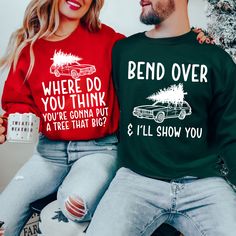 "Get ready to sleigh the holiday season with our Funny Adult Couples Christmas Sweatshirt Set! This unisex duo is designed for laughter, making it the perfect choice for your festive gatherings and matching ugly sweater escapades. 🎄 Unleash the Festive Fun: Crafted with a dash of adult humor, these sweatshirts guarantee to spread joy and bring a cheeky twist to your Christmas celebrations. It's not just an outfit; it's a statement that says, \"We're here to jingle and mingle!\" 🤣 Matching Ugly Christmas Shirt Sayings Funny, Couple Holiday Outfits, Matching Christmas Sweatshirts, Funny Christmas Shirts For Couples, Couples Ugly Sweater Ideas, Christmas Costumes Couples, Ugly Sweater Couple Ideas, Diy Ugly Christmas Sweater Ideas Funny Couples, Ugly Sweater Ideas For Couples