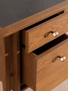 a wooden desk with two drawers on it