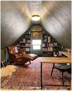 a room with a chair, desk and bookcases in the corner on top of it