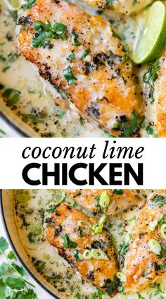 coconut lime chicken in a skillet with sauce and garnish