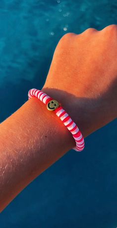 Hot pink, light pink, and white with Gold smiley face Red Smiley Face Clay Bracelet, Pink And White Bracelet, White Bracelet, White Bracelets, Pink Light, Smiley Face, Pink And White, Smiley, Favorite Jewelry