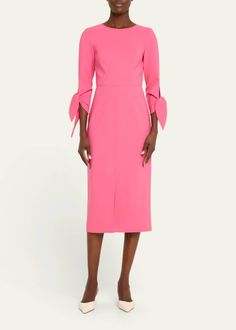 Carolina Herrera Wrist-Tie Wool Midi Dress - Bergdorf Goodman Elegant Pink Dress For Dinner, Elegant Pink Dinner Dress, Knee-length Spring Dress For Dinner, Knee-length Spring Dinner Dresses, Spring Dinner Knee-length Dress, Sheath Dress For Dinner, Pink Knee-length Dress For Dinner, Luxury Midi-length Shirt Dress For Office, Luxury Chic Button-up Midi Dress