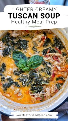 This Lighter Creamy Tuscan Inspired Soup is the perfect healthy meal prep! Tender chicken, cannellini beans, sundried tomatoes, and kale are simmered in a flavorful mix of chicken stock and white wine. Fat-free half-and-half, reduced-fat cream cheese, and Pecorino Romano create a rich taste that feels indulgent without the extra calories. This one-pot meal is ideal for busy weeknights or prepping ahead for a cozy, hearty meal all week long. Pin for a healthy meal prep that will keep you warm all week.