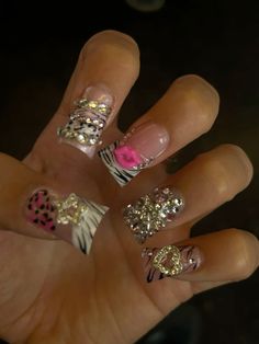 #y2k #ducknails #junknails #baddies #zebraprintnails #cheetah #pink #sparkly Y2k Nail Inspo Cheetah Print, Short Nails Animal Print, Pink Nails Ideas Y2k, Bratz Doll Nails Design, Trashy Nails Y2k, Duck Nails Junk Nail, Rockstar Nail Designs, Duck Nails Freestyle, Duck Nails Mcbling