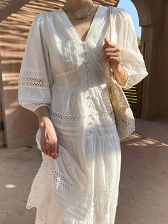 Lasaky - Designer White Embroidered Maxi Dress for Vacation Dress For Vacation, Rice White, Holiday Dresses Women, Cotton Long Dress, Lantern Sleeve Dress, Embroidered Maxi Dress, French Chic, Lantern Sleeve, Tiered Dress