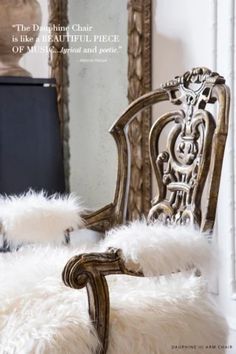 an ornate chair with white fur on it and a quote about the meaning behind it