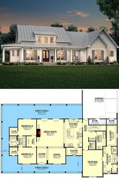 the floor plan for this modern farmhouse house is very large and has two master suites