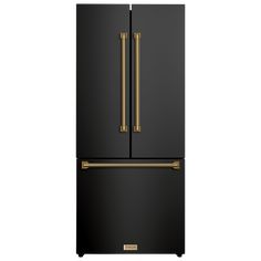 a black refrigerator freezer with gold handles