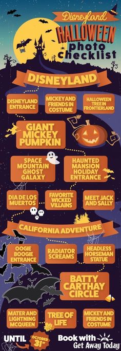 the disneyland halloween event poster with pumpkins, bats and other things to see on it