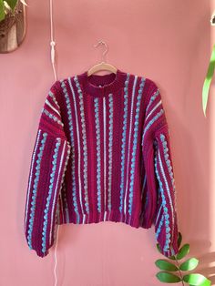 a sweater hanging on a pink wall next to a plant