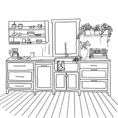 a black and white drawing of a kitchen with an oven, sink, cabinets and potted plants