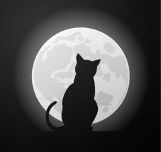 a black cat sitting in front of a full moon with the silhouette of a cat