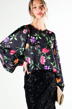 Black Puff Long Sleeve Floral Print Satin Blouse Top Festive Floral Print Silk Tops, Black Floral Print Festival Blouse, Long Sleeve Silk Top With Abstract Print, Luxury Floral Print Puff Sleeve Tops, Casual Shorts Men, Black Floral Print Top With 3/4 Sleeves, Girls Dress Shoes, Mens Denim Shorts, Denim Shirt Men