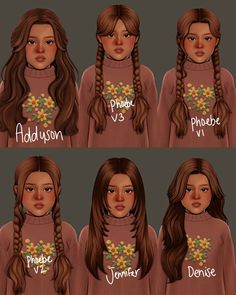 four different views of a woman with long hair and flowers on her neck, from the front to the back