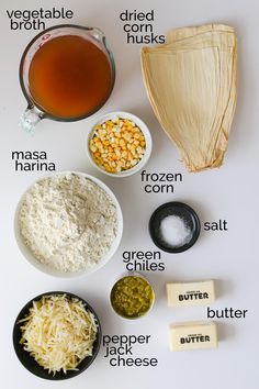 ingredients to make mexican corn salad laid out on a white surface with text describing the ingredients