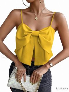 Lasaky - Elegant Wrap Around Design Top Yellow Tops, Top Satin, Strapless Crop Top, Bow Top, Yellow Top, Satin Top, Long Sleeve Turtleneck, Guest Outfit, Cami Tanks