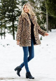 Winter--we knew it was coming--it always does! And our Leopard-print Le Mink notch collar jacket will make all the difference! Incredibly soft, this sheared fur has the touch, the texture and fluidity of animal fur, without the guilt! Lush and plush, you may gasp when you experience its sensuous touch. Combined with a classic, timeless design, it's a jacket you'll treasure for many, many seasons. Imagine a blustery day and you're walking contentedly with the oversize notch collar turned up around your face. With European fur hook closures to keep out the wind, your hands find the warmth of concealed pockets. Instantaneously, you recognize this 32"  jacket is the warmest, most wonderful coat you've ever owned! Winter? It's coming-- but you're fabulously prepared! Fall Leopard Print Fur Coat With Faux Fur Lining, Fall Leopard Print Faux Fur Coat, Leopard Print Outerwear With Faux Fur Trim, Winter Leopard Print Faux Fur Outerwear, Fall Leopard Print Outerwear With Faux Fur Trim, Winter Leopard Print Outerwear With Faux Fur Trim, Leopard Print Faux Fur Coat With Lining, Chic Leopard Print Winter Outerwear, Leopard Print Fur Coat With Faux Fur Trim