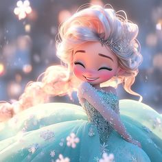 a cartoon character in a blue dress with snow flakes