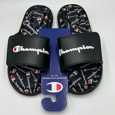 Nwt Champion Black Vital Script Logo Slides Shoes Sandals Womens Us Size 9w Wide Color: Black/White/Gray Slip-On Slides Sandal In Perfect Nwt Condition! Only Tried On In Store Photos Do A Great Job Of Showcasing The Condition Of The Shoes Doesn't Come With Box Very Fast Shipping! Ships Same Day Or Next Business Day White Slides Sandals, Toe Thong Sandals, Champion Shoes, White Slides, Womens Slides Sandals, Store Photos, Walking Sandals, Slides Sandals, Script Logo