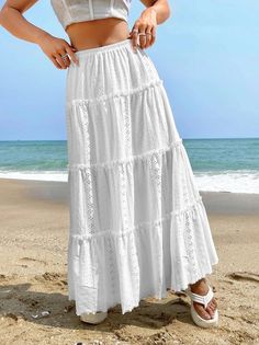 Olivia Mark - Elegant White Cake Skirt: Casual Fashion Loose Fit Princess Skirt White Long Skirt, Ruffle Hem Skirt, Cake Skirt, Chic Maxi Dresses, Umbrella Skirt, Skirt Casual, Princess Skirt, Aesthetic Outfit Ideas, Satin Midi Skirt