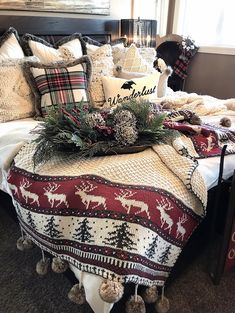 a bed with christmas decorations on top of it