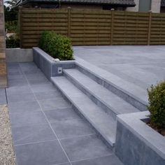 a concrete patio with steps leading up to the top floor and landscaping plants on either side