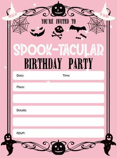 a pink birthday party card with halloween decorations