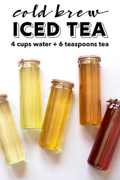 four jars filled with different colored liquid on top of a white surface and the words how to cold brew the perfect iced tea