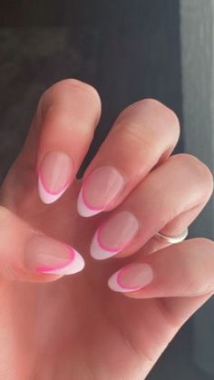 Gel Extensions Ideas, Two Tone Pink French Nails, Nail Inspo Almond French Tip, Basic Acrylic Nail Designs, Almond Nails Designs Simple, Bright French Tip Nails, Solid Color Almond Nails, Clean Summer Nails, Classic Summer Nails