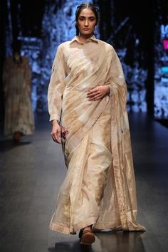 Shop for Prama by Pratima Pandey Beige Saree With Collared Blouse for Women Online at Aza Fashions Function Dresses, Collared Blouse, Lehenga Collection, Lakme Fashion Week, Blouse For Women, Chaniya Choli, Designer Sarees, Saree With Blouse, Blouse Online