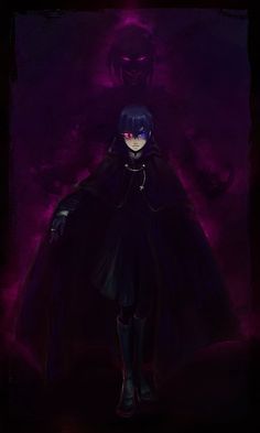 an anime character standing in front of a purple background with black hair and dark clothes