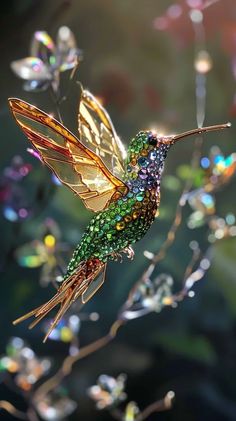 a colorful hummingbird sitting on top of a branch with lots of bubbles in the background