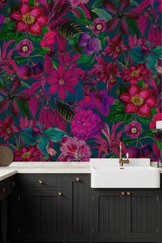 Wallpaper featuring vibrant flowers in a jungle setting Eclectic Wallpaper, Pink Floral Wallpaper, Jungle Birds, Jungle Flowers, Cosmos Flowers, Hummingbird Garden, Teal Wallpaper, Jungle Wallpaper, 1% Wallpaper