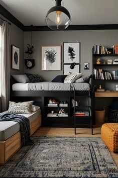 a bedroom with two bunk beds and a rug in front of the bed on the floor